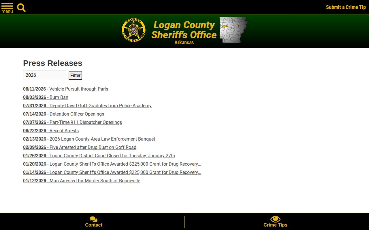 Logan County Sheriff's Office crime news and arrest press archive