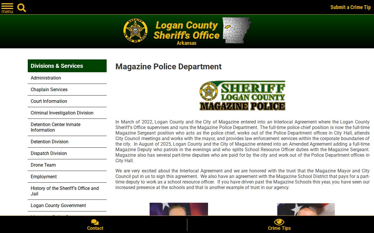 Magazine Police Department official arrest records route in Logan County